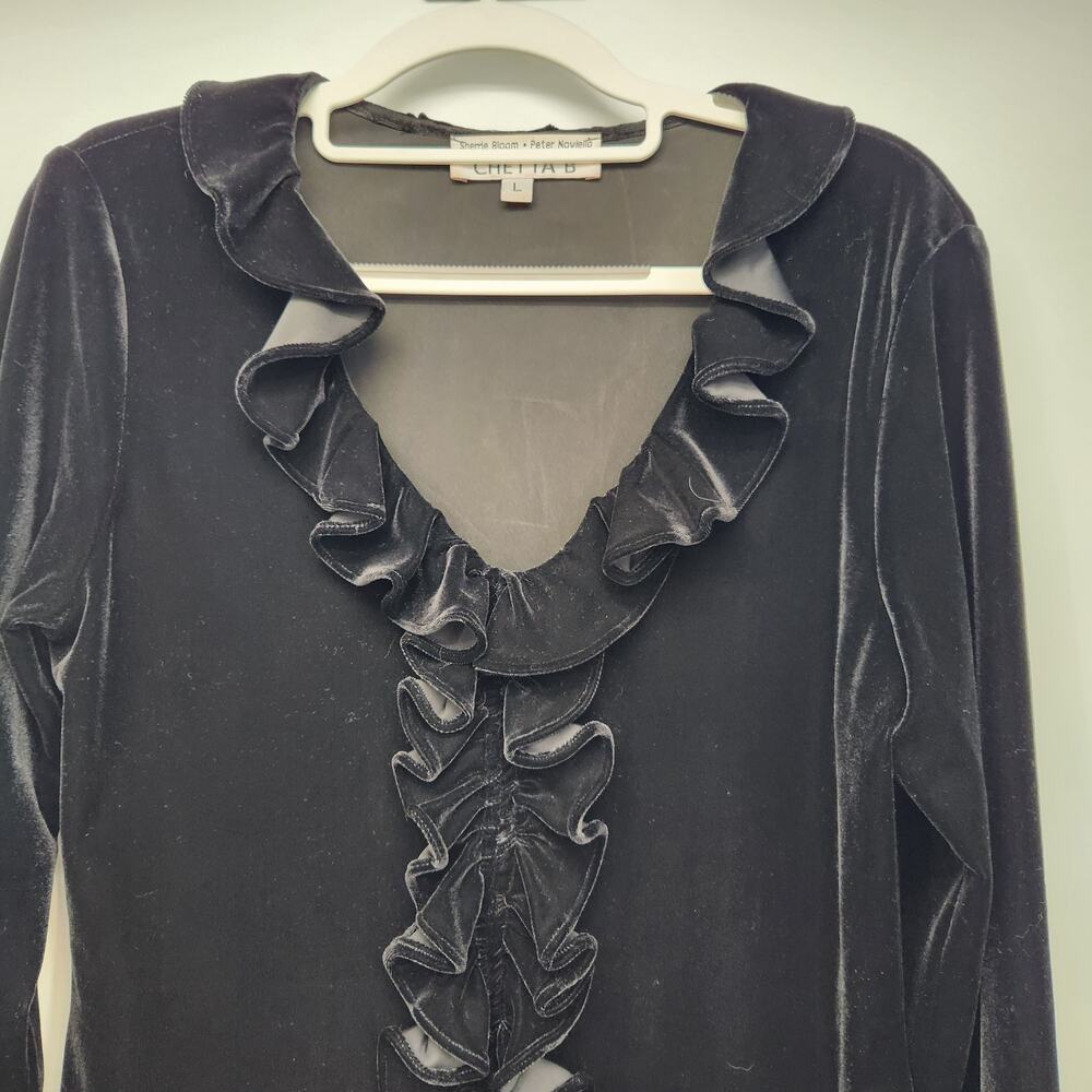 VTG. Chetta B Black Velvet 90's Goth Goblin Glam Witchy Ruffled Blouse Women's L - Picture 3 of 7